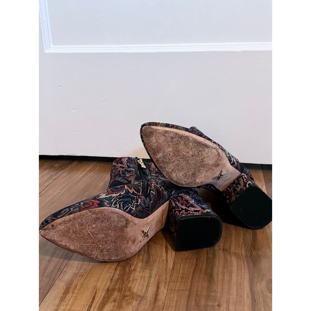 NICOLE MILLER Artelier gold red blue jacquard cloth chunky heeled booties boots - Picture 7 of 9